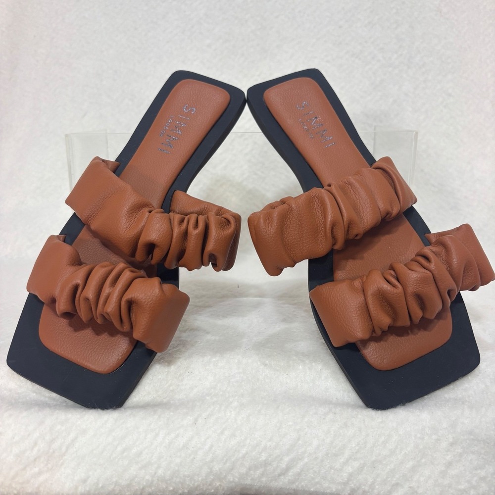 SIMMI London Tan Ruched Double-Strap Square Toe Slide Sandals Womens Size 3